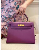 (LIKE NEW) 2019 HERMES KELLY 28 IN ANEMONE EPSOM LEATHER GOLD HARDWARE -FULL SET- 