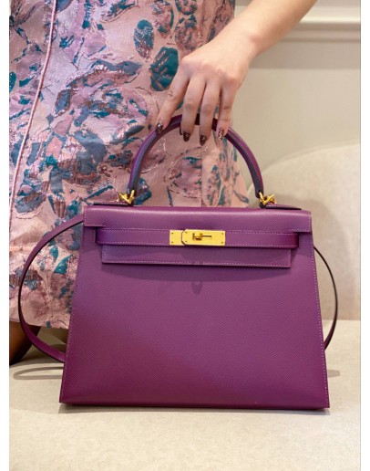 (LIKE NEW) 2019 HERMES KELLY 28 IN ANEMONE EPSOM LEATHER GOLD HARDWARE -FULL SET- 