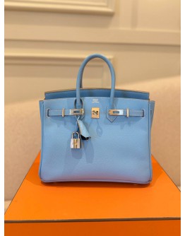 (UNUSED) 2011 HERMES BIRKIN 25 IN BLEU CELESTE EPSOM LEATHER WITH PLATINUM HARDWARE -FULL SET-