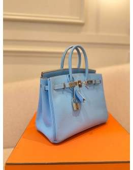 (UNUSED) 2011 HERMES BIRKIN 25 IN BLEU CELESTE EPSOM LEATHER WITH PLATINUM HARDWARE -FULL SET-
