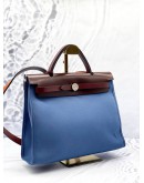(LIKE NEW) HERMES HERBAG PM 31 IN BLEU TOILE CANVAS WITH RICH BROWN VACHE HUNTER LEATHER