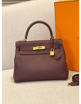 (CLEAR STOCK) (LIKE NEW) HERMES KELLY 28 RETOURNE IN BORDEAUX VEAU TOGO LEATHER -FULL SET-