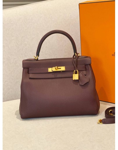 (CLEAR STOCK) (LIKE NEW) HERMES KELLY 28 RETOURNE IN BORDEAUX VEAU TOGO LEATHER -FULL SET-