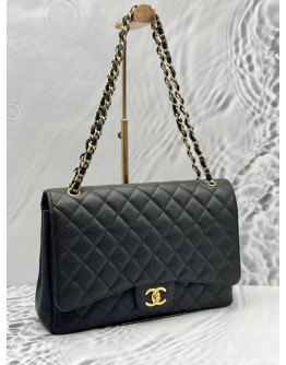 CHANEL CLASSIC MAXI DOUBLE FLAP SHOULDER BAG IN BLACK CAVIAR LEATHER