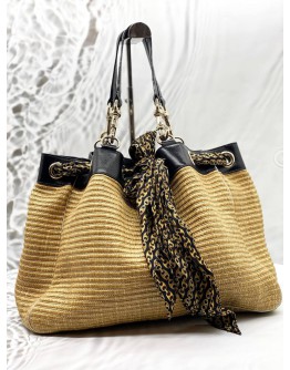(CLEAR STOCK) GUCCI POSITANO TOTE BAG IN BEIGE WOVEN WITH BLACK LEATHER