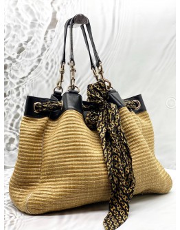 (CLEAR STOCK) GUCCI POSITANO TOTE BAG IN BEIGE WOVEN WITH BLACK LEATHER