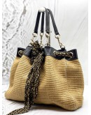 (CLEAR STOCK) GUCCI POSITANO TOTE BAG IN BEIGE WOVEN WITH BLACK LEATHER