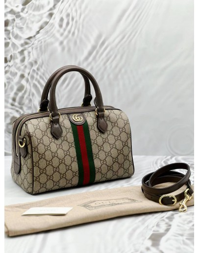 (LIKE NEW) GUCCI OPHIDIA BOSTON IN BEIGE GG SUPREME CANVAS WITH BROWN LEATHER 