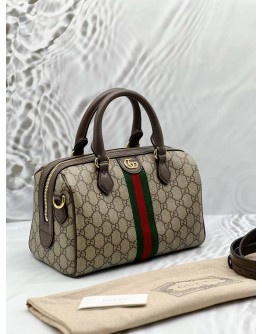 (LIKE NEW) GUCCI OPHIDIA BOSTON IN BEIGE GG SUPREME CANVAS WITH BROWN LEATHER 