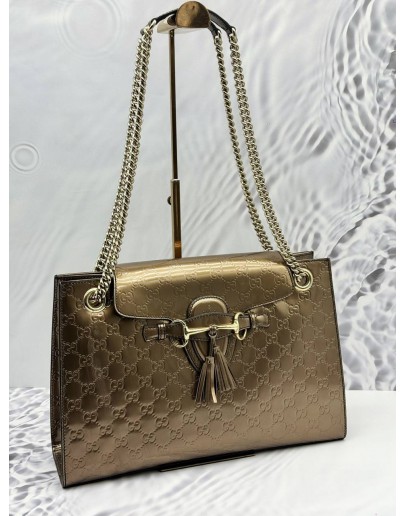 GUCCI EMILY LARGE SHOULDER BAG IN METALLIC BROWN GG GUCCISSIMA PATENT LEATHER