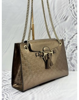 GUCCI EMILY LARGE SHOULDER BAG IN METALLIC BROWN GG GUCCISSIMA PATENT LEATHER