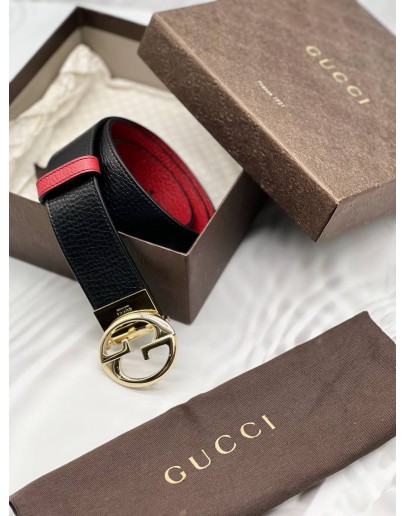 GUCCI INTERLOCKING G REVERSIBLE BELT SIZE 80 IN BLACK WITH RED LEATHER -FULL SET-