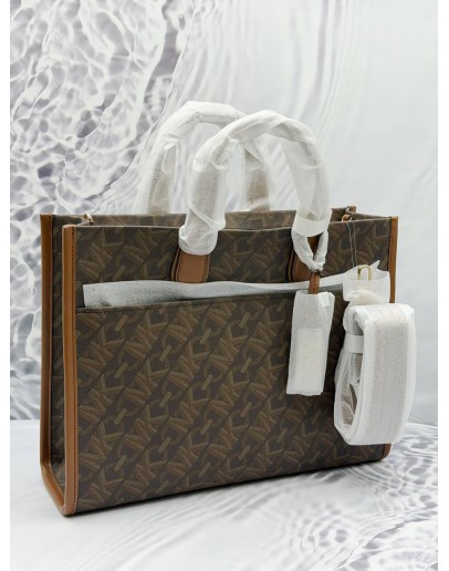 (UNUSED) MICHAEL KORS GIGI LARGE TOTE BAG IN BROWN CANVAS WITH LEATHER