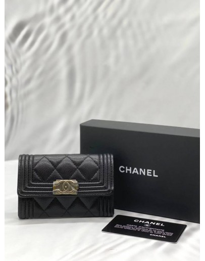 (UNUSED) CHANEL BOY FLAP CARD HOLDER IN BLACK CAVIAR LEATHER -FULL SET-