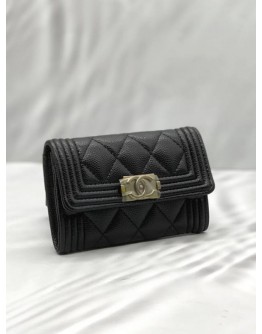 (UNUSED) CHANEL BOY FLAP CARD HOLDER IN BLACK CAVIAR LEATHER -FULL SET-