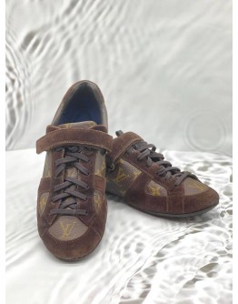 LOUIS VUITTON GLOBE TROTTER SNEAKERS SIZE 7.5 IN BROWN MONOGRAM CANVAS WITH SUEDE LEATHER