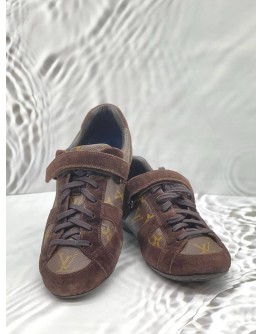 LOUIS VUITTON GLOBE TROTTER SNEAKERS SIZE 7.5 IN BROWN MONOGRAM CANVAS WITH SUEDE LEATHER