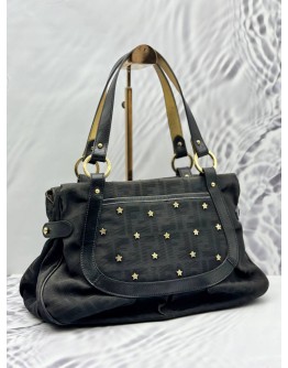 FENDI ZUCCA STAR TOTE BAG IN BLACK CANVAS WITH LEATHER