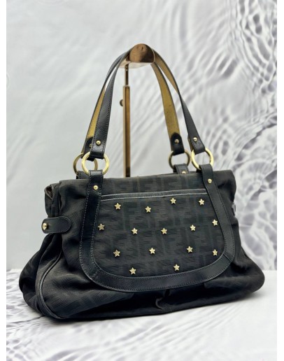 FENDI ZUCCA STAR TOTE BAG IN BLACK CANVAS WITH LEATHER