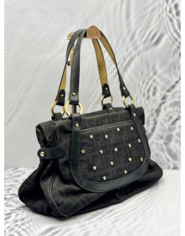 FENDI ZUCCA STAR TOTE BAG IN BLACK CANVAS WITH LEATHER