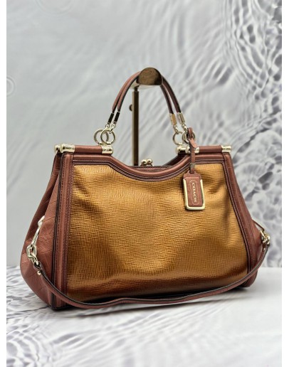 COACH KISSLOCK SADDLE DREAMER TOTE BAG IN METALLIC GOLD WITH BROWN LEATHER
