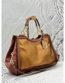 COACH KISSLOCK SADDLE DREAMER TOTE BAG IN METALLIC GOLD WITH BROWN LEATHER
