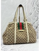 GUCCI WEB TOTE BAG IN BEIGE GG CANVAS WITH WHITE LEATHER