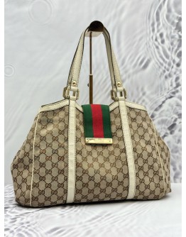 GUCCI WEB TOTE BAG IN BEIGE GG CANVAS WITH WHITE LEATHER