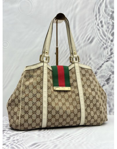 GUCCI WEB TOTE BAG IN BEIGE GG CANVAS WITH WHITE LEATHER