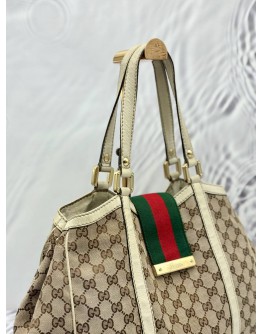 GUCCI WEB TOTE BAG IN BEIGE GG CANVAS WITH WHITE LEATHER