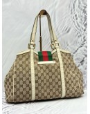 GUCCI WEB TOTE BAG IN BEIGE GG CANVAS WITH WHITE LEATHER