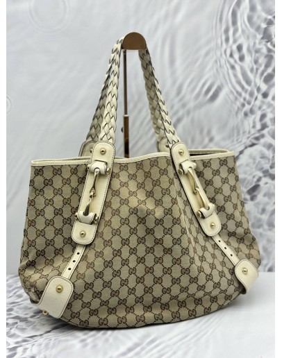 GUCCI PELHAM TOTE BAG IN BEIGE GG CANVAS WITH OFF WHITE LEATHER