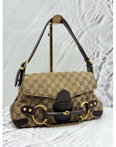 GUCCI HORSEBIT 1955 VINTAGE SHOULDER BAG IN BEIGE GG CANVAS WITH DARK BROWN LEATHER