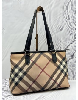 BURBERRY TOTE BAG IN BEIGE NOVE CHECK CANVAS WITH BLACK LEATHER