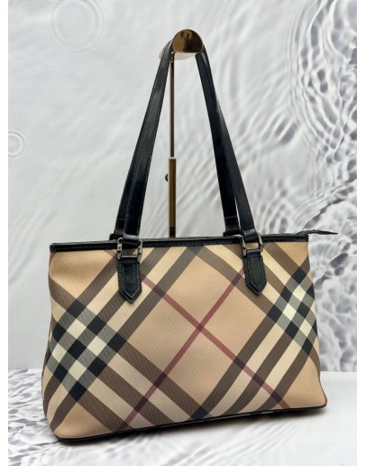 BURBERRY TOTE BAG IN BEIGE NOVE CHECK CANVAS WITH BLACK LEATHER