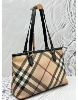 BURBERRY TOTE BAG IN BEIGE NOVE CHECK CANVAS WITH BLACK LEATHER