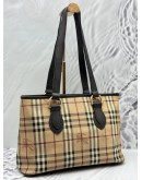BURBERRY TOTE BAG IN BEIGE HAYMARKET CHECK CANVAS WITH DARK BROWN LEATHER