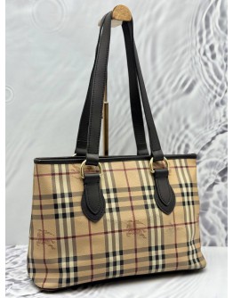 BURBERRY TOTE BAG IN BEIGE HAYMARKET CHECK CANVAS WITH DARK BROWN LEATHER