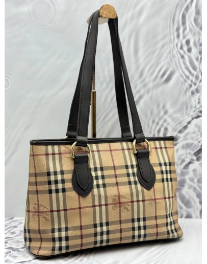 BURBERRY TOTE BAG IN BEIGE HAYMARKET CHECK CANVAS WITH DARK BROWN LEATHER