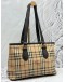 BURBERRY TOTE BAG IN BEIGE HAYMARKET CHECK CANVAS WITH DARK BROWN LEATHER