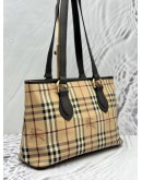 BURBERRY TOTE BAG IN BEIGE HAYMARKET CHECK CANVAS WITH DARK BROWN LEATHER