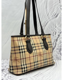 BURBERRY TOTE BAG IN BEIGE HAYMARKET CHECK CANVAS WITH DARK BROWN LEATHER
