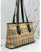 BURBERRY TOTE BAG IN BEIGE HAYMARKET CHECK CANVAS WITH DARK BROWN LEATHER