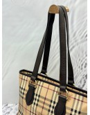 BURBERRY TOTE BAG IN BEIGE HAYMARKET CHECK CANVAS WITH DARK BROWN LEATHER