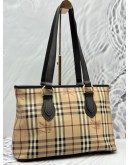 BURBERRY TOTE BAG IN BEIGE HAYMARKET CHECK CANVAS WITH DARK BROWN LEATHER