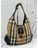 BURBERRY BROOK HOBO BAG IN BEIGE HAYMARKET CHECK FABRIC WITH BLACK LEATHER