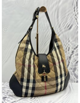 BURBERRY BROOK HOBO BAG IN BEIGE HAYMARKET CHECK FABRIC WITH BLACK LEATHER