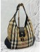 BURBERRY BROOK HOBO BAG IN BEIGE HAYMARKET CHECK FABRIC WITH BLACK LEATHER
