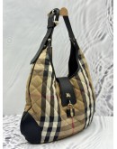 BURBERRY BROOK HOBO BAG IN BEIGE HAYMARKET CHECK FABRIC WITH BLACK LEATHER