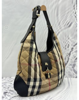 BURBERRY BROOK HOBO BAG IN BEIGE HAYMARKET CHECK FABRIC WITH BLACK LEATHER